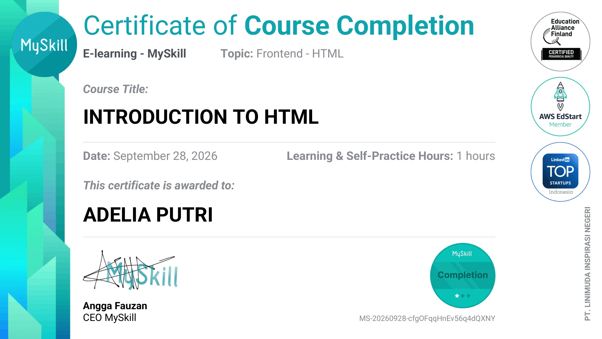 MySkill Introduction to HTML certificate